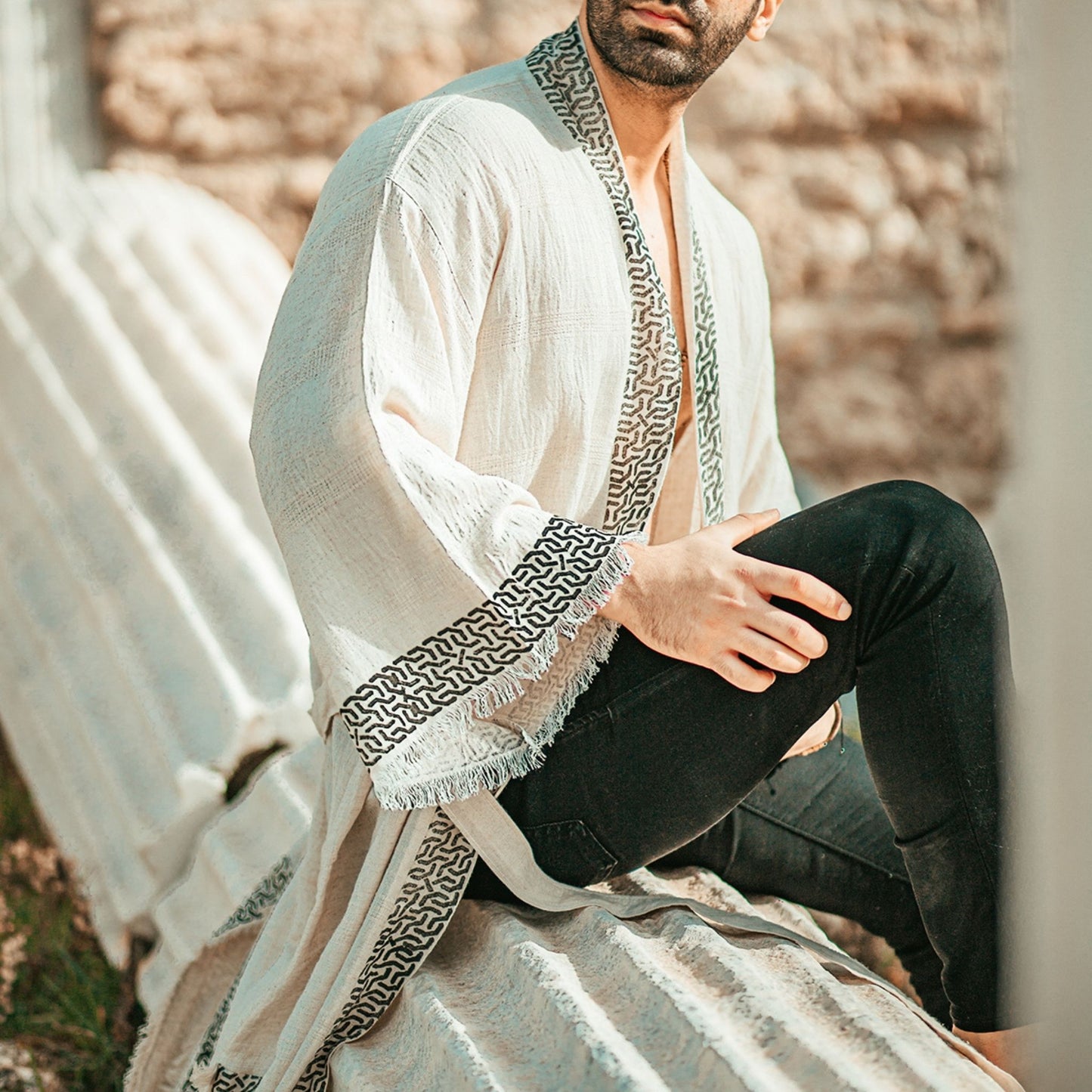 Troya – Kimono Homme en Coton & Chanvre Écru, Élégance Artisanale