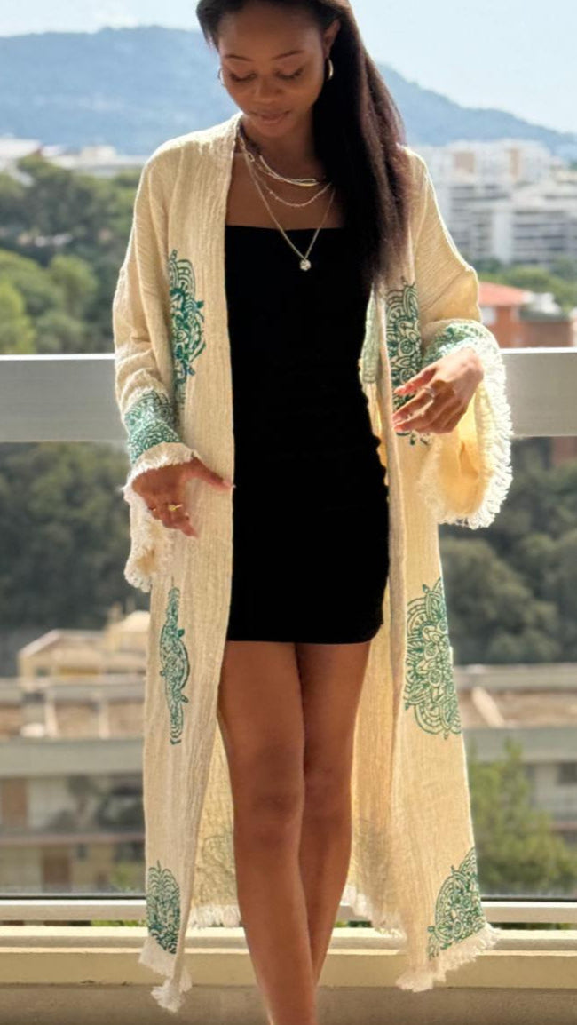 Chakra: artisanale kimono fait main en coton bio – Tenue durable pour la plage, la détente et a la maison .