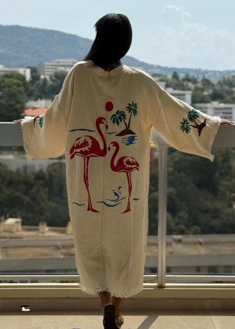 Leyla:artisanale kimono fait main en coton bio – Tenue durable pour la plage, la détente et a la maison .