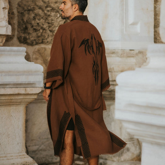 Kimono Homme LAODIKYA Marron – Lin & Coton | Élégance Naturelle & Artisanat Authentique