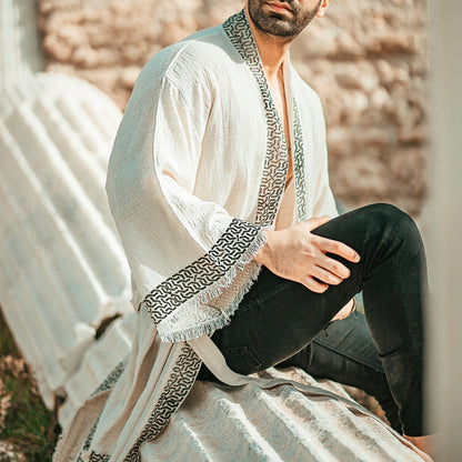 Troya – Kimono Homme en Coton & Chanvre Écru, Élégance Artisanale