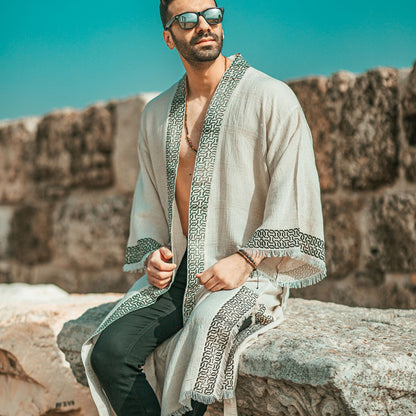 Troya – Kimono Homme en Coton & Chanvre Écru, Élégance Artisanale
