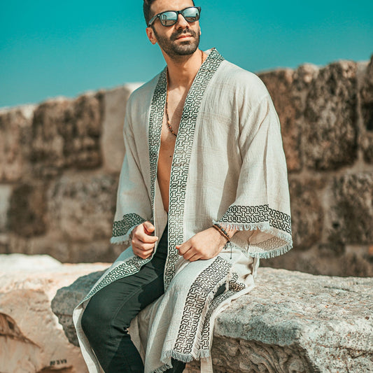 Troya – Kimono Homme en Coton & Chanvre Écru, Élégance Artisanale
