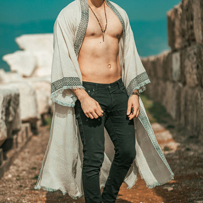 Troya – Kimono Homme en Coton & Chanvre Écru, Élégance Artisanale