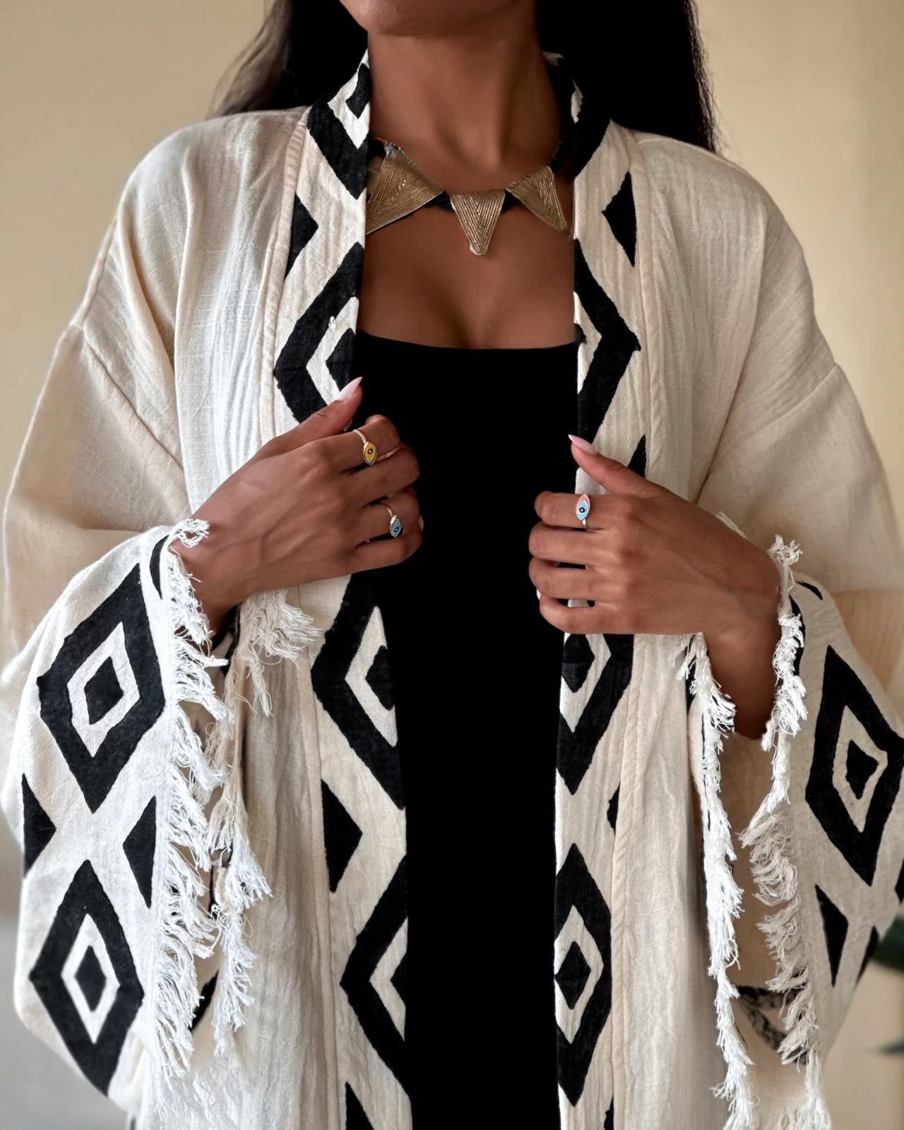 Nefrettii – Kimono Femme Artisanale en Tissu 100% Naturel, Imprimé à la Main