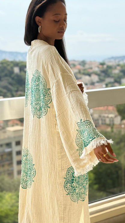 Chakra: artisanale kimono fait main en coton bio – Tenue durable pour la plage, la détente et a la maison .