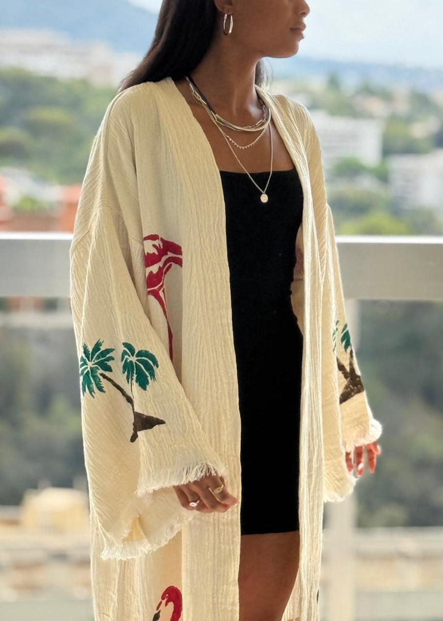 Leyla:artisanale kimono fait main en coton bio – Tenue durable pour la plage, la détente et a la maison .