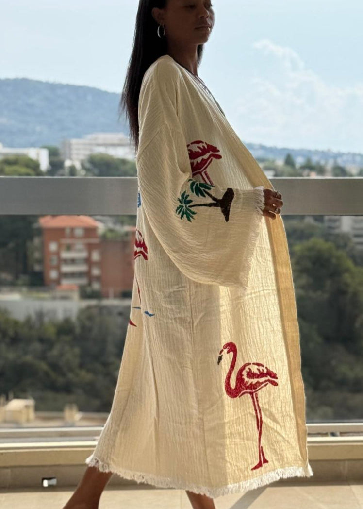Leyla:artisanale kimono fait main en coton bio – Tenue durable pour la plage, la détente et a la maison .