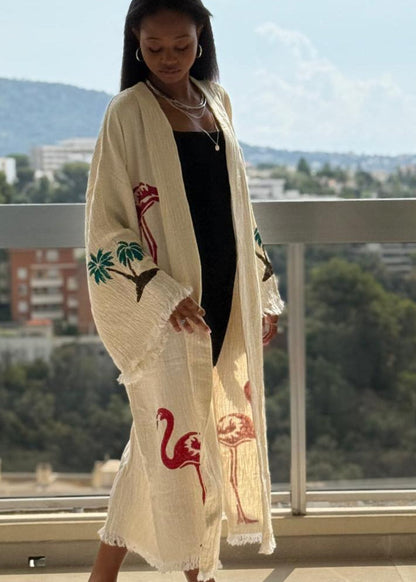 Leyla:artisanale kimono fait main en coton bio – Tenue durable pour la plage, la détente et a la maison .