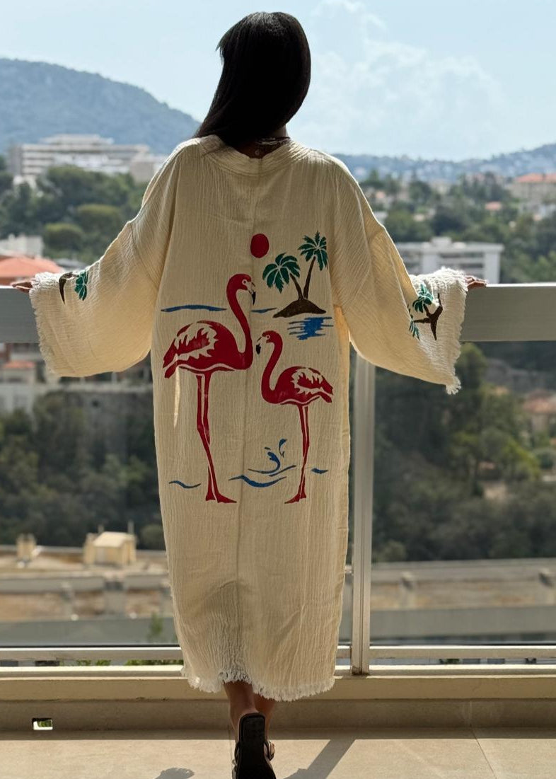 Leyla:artisanale kimono fait main en coton bio – Tenue durable pour la plage, la détente et a la maison .